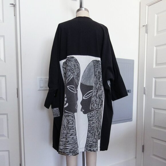 Vintage The African Star Black Cotton Kimono Jacket Faces Print One Size - Picture 4 of 8